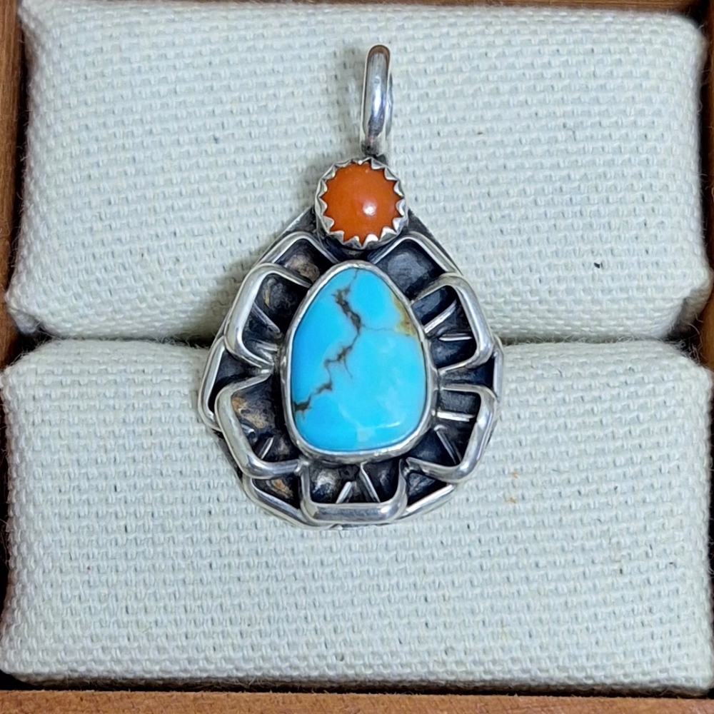 Turquoise and Coral Silver Pendant